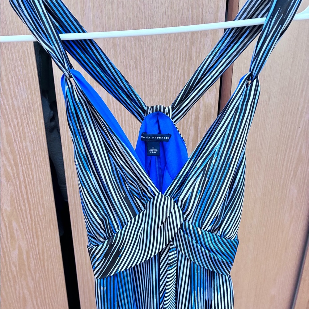 Silk Blue, black and white striped dress  by Banana Republic.